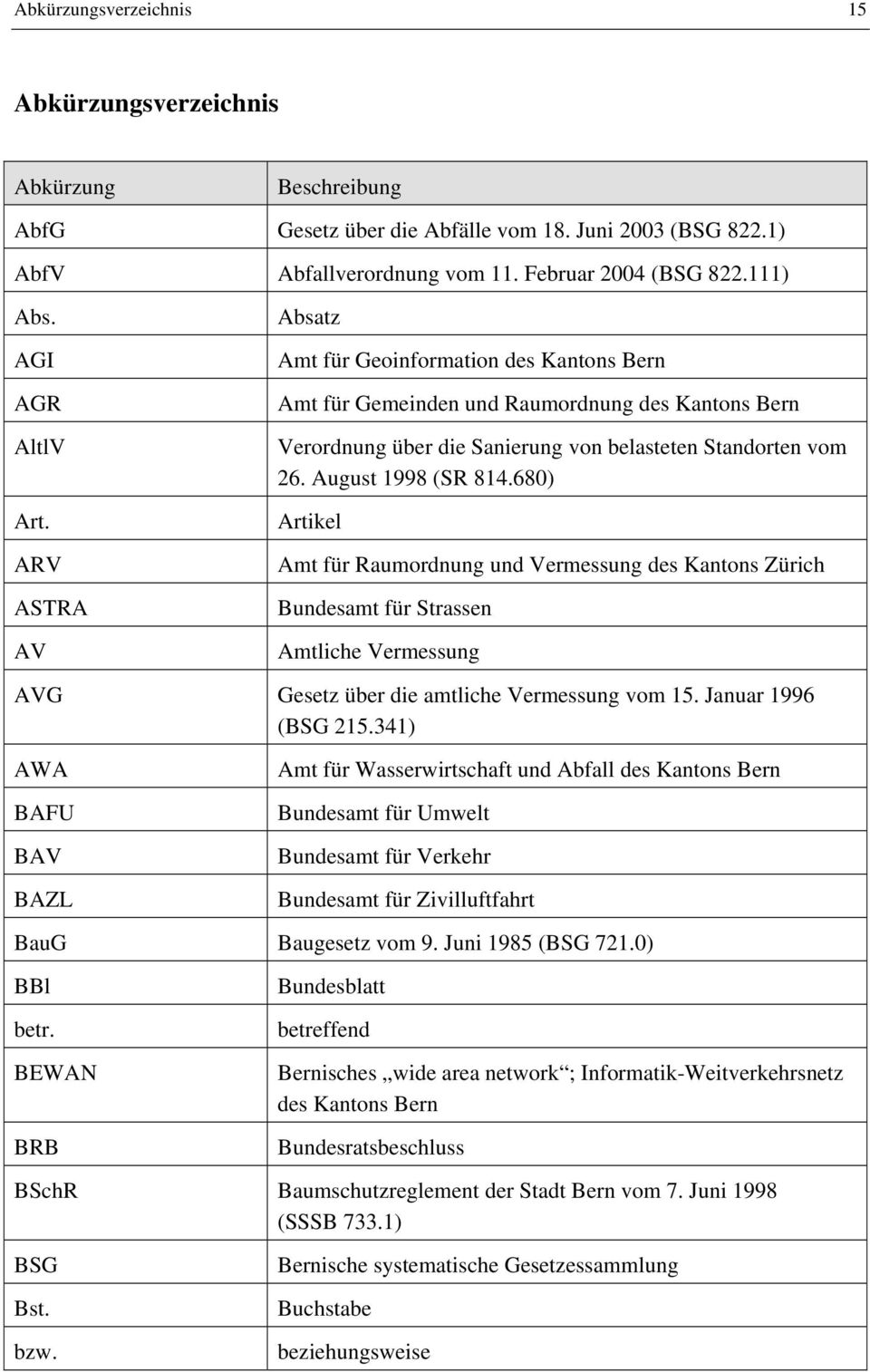 August 1998 (SR 814.680) Artikel Amt für Raumordnung und Vermessung des Kantons Zürich Bundesamt für Strassen Amtliche Vermessung AVG Gesetz über die amtliche Vermessung vom 15. Januar 1996 (BSG 215.