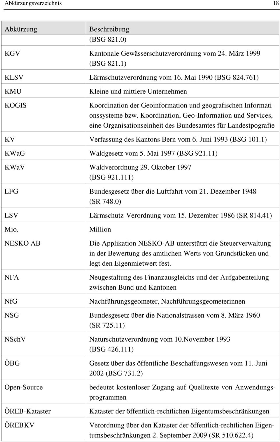 Koordination, Geo-Information und Services, eine Organisationseinheit des Bundesamtes für Landestpografie KV Verfassung des Kantons Bern vom 6. Juni 1993 (BSG 101.1) KWaG Waldgesetz vom 5.