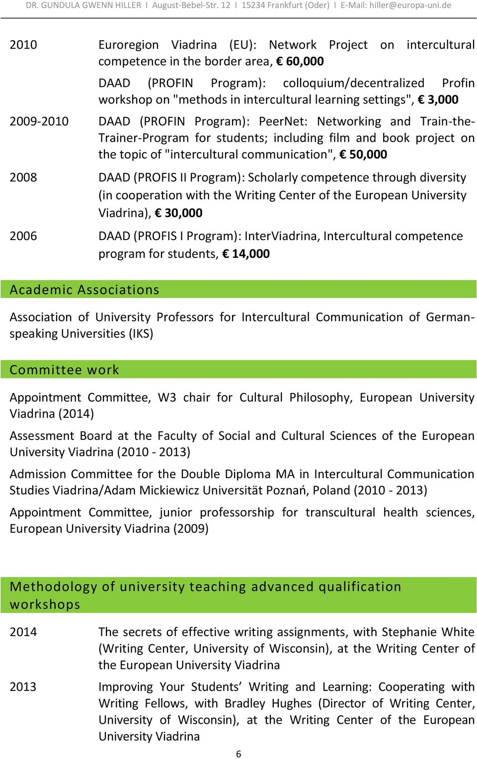 communication", 50,000 2008 DAAD (PROFIS II Program): Scholarly competence through diversity (in cooperation with the Writing Center of the European University Viadrina), 30,000 2006 DAAD (PROFIS I