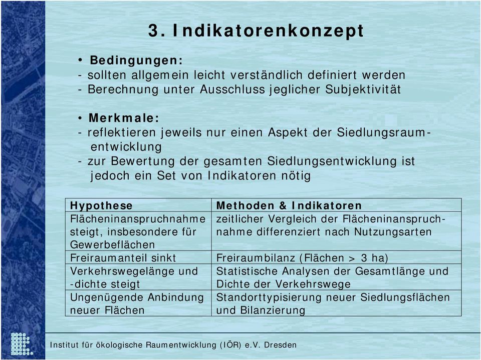 insbesondere für Gewerbeflächen Freiraumanteil sinkt Verkehrswegelänge und -dichte steigt Ungenügende Anbindung neuer Flächen Methoden & Indikatoren zeitlicher Vergleich der