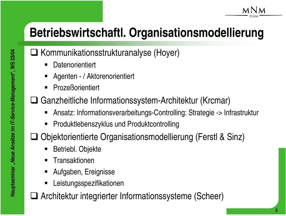 Ganzheitliche Informationssystem-Architektur (Krcmar) Ansatz: Informationsverarbeitungs-Controlling: Strategie -> Infrastruktur