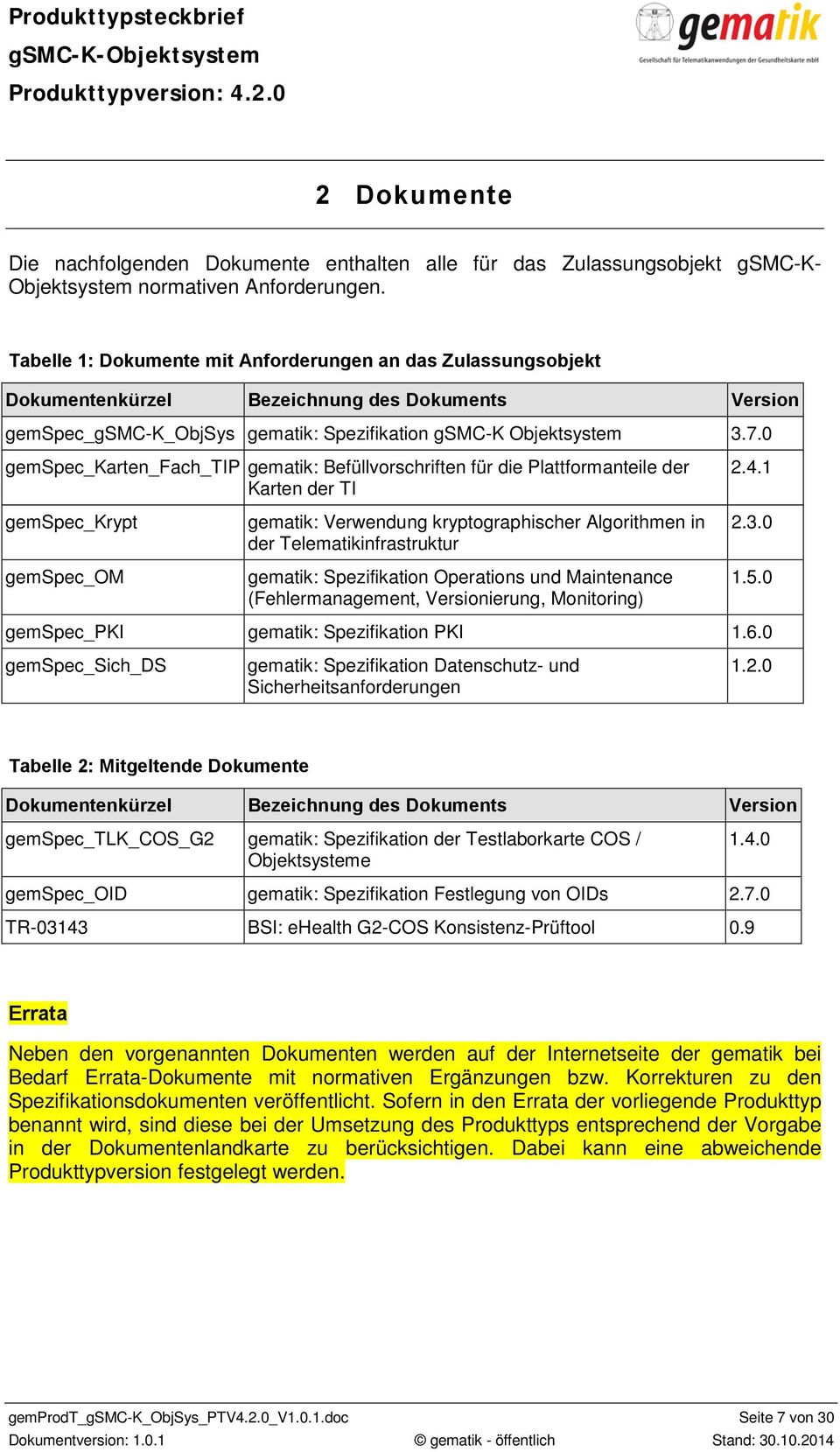 0 gematik: Befüllvorschriften für die Plattformanteile der Karten der TI 2.4.