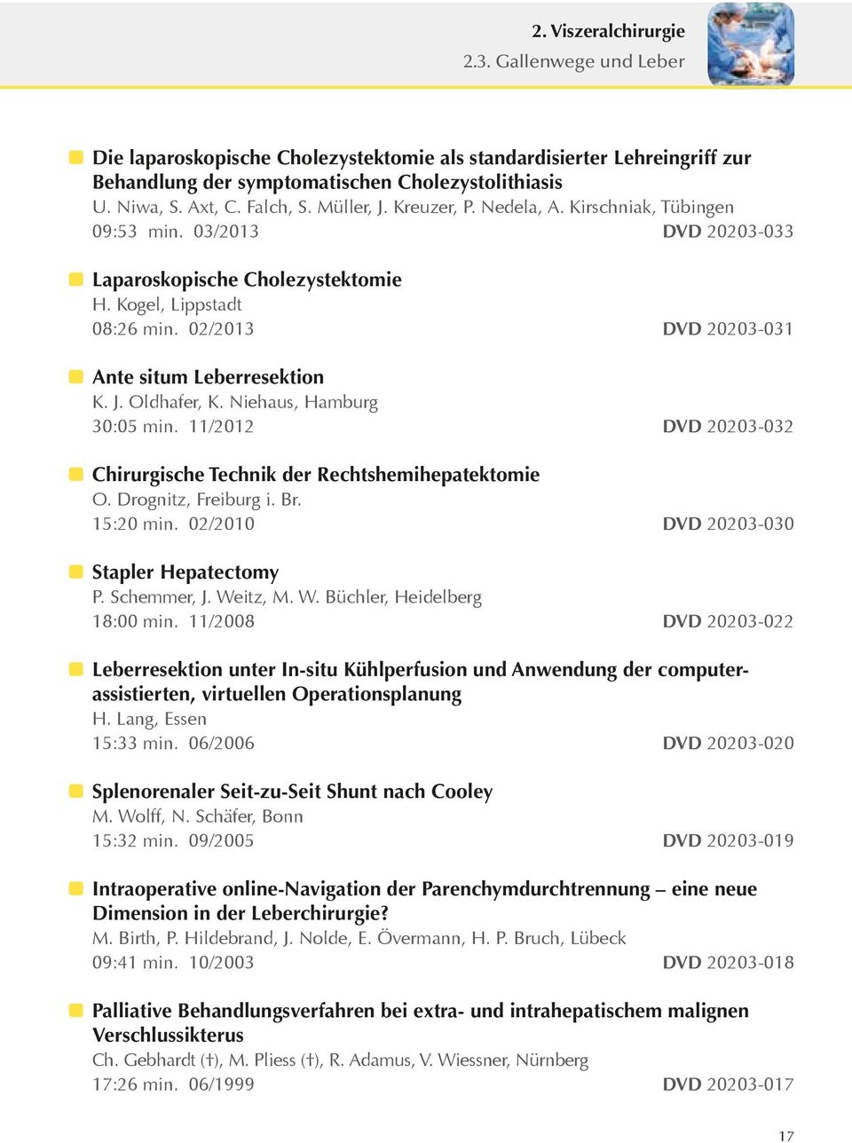 02/2013 DVD 20203-031 Ante situm Leberresektion K. J. Oldhafer, K. Niehaus, Hamburg 30:05 min. 11/2012 DVD 20203-032 Chirurgische Technik der Rechtshemihepatektomie O. Drognitz, Freiburg i. Br.