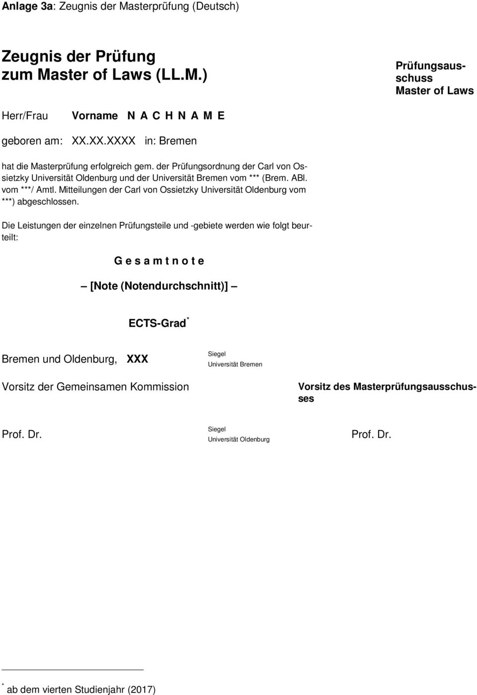 Mitteilungen der Carl von Ossietzky Universität Oldenburg vom ***) abgeschlossen.