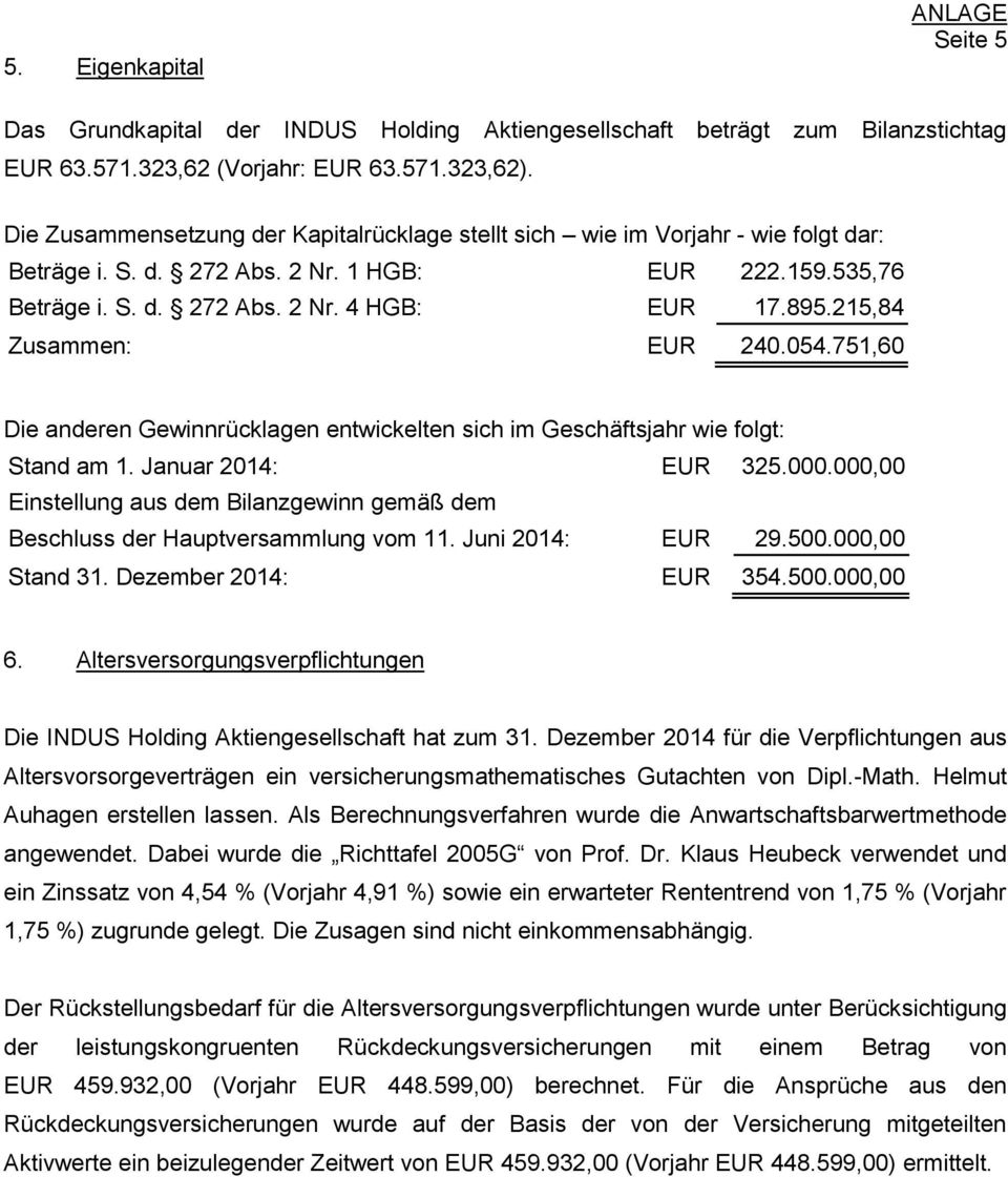 215,84 Zusammen: EUR 240.054.751,60 Die anderen Gewinnrücklagen entwickelten sich im Geschäftsjahr wie folgt: Stand am 1. Januar 2014: EUR 325.000.