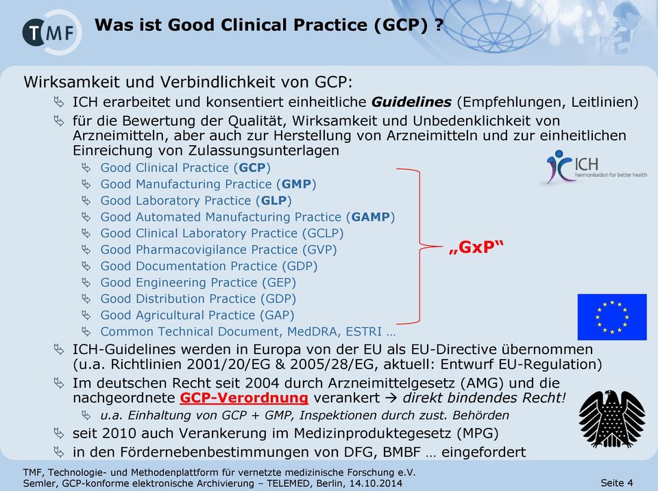 Arzneimitteln, aber auch zur Herstellung von Arzneimitteln und zur einheitlichen Einreichung von Zulassungsunterlagen Good Clinical Practice (GCP) Good Manufacturing Practice (GMP) Good Laboratory