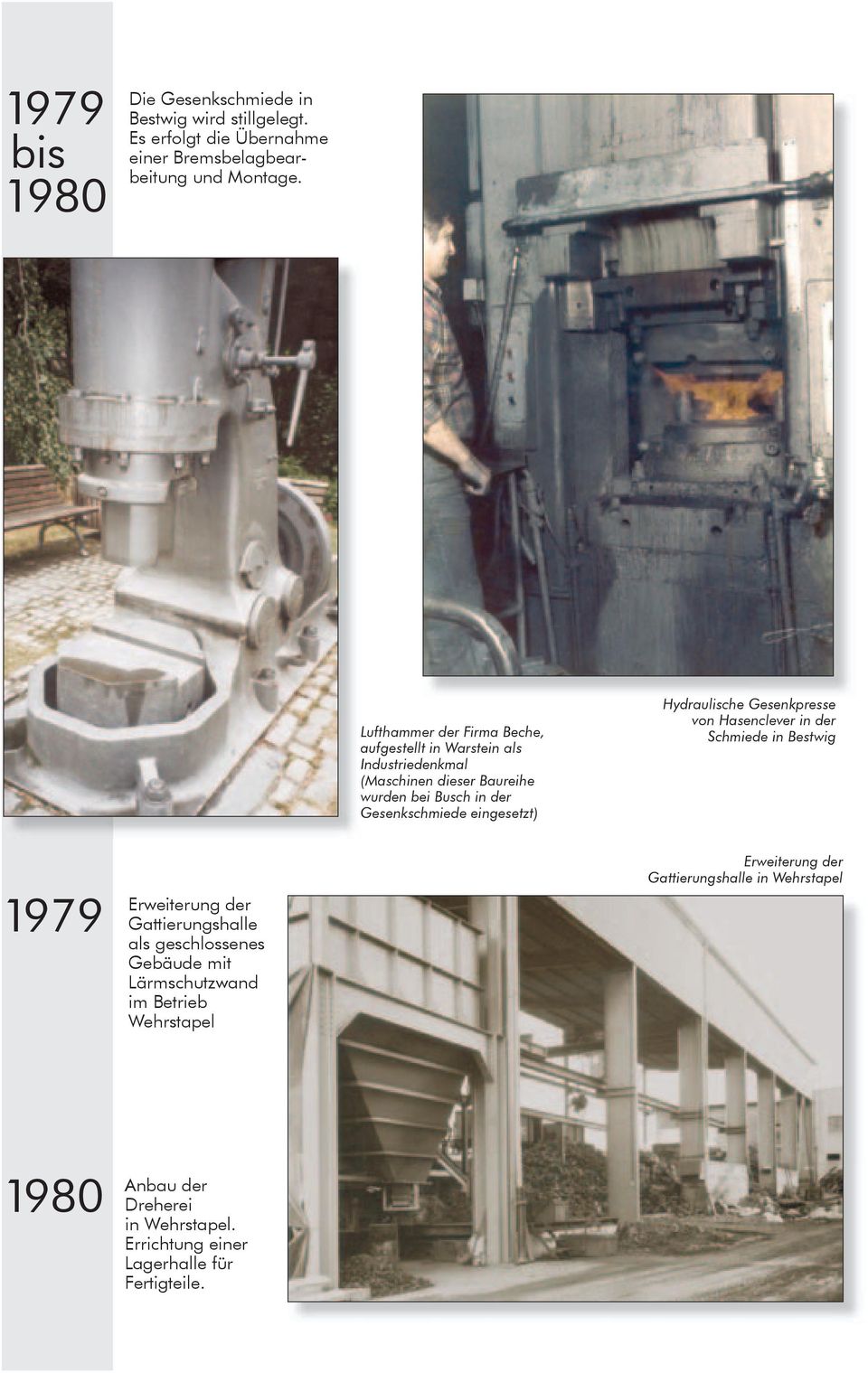 eingesetzt) Hydraulische Gesenkpresse von Hasenclever in der Schmiede in Bestwig 1979 Erweiterung der Gattierungshalle als geschlossenes Gebäude