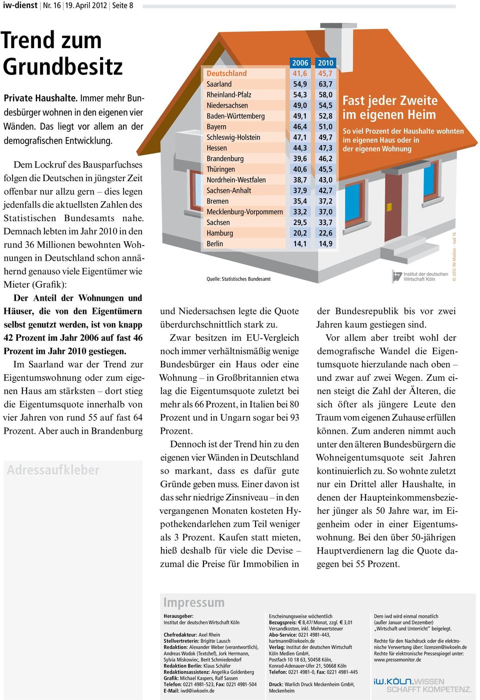 Demnach lebten im Jahr 21 in den rund 36 Millionen bewohnten Wohnungen in Deutschland schon annähernd genauso viele Eigentümer wie Mieter (Grafik): Der Anteil der Wohnungen und Häuser, die von den