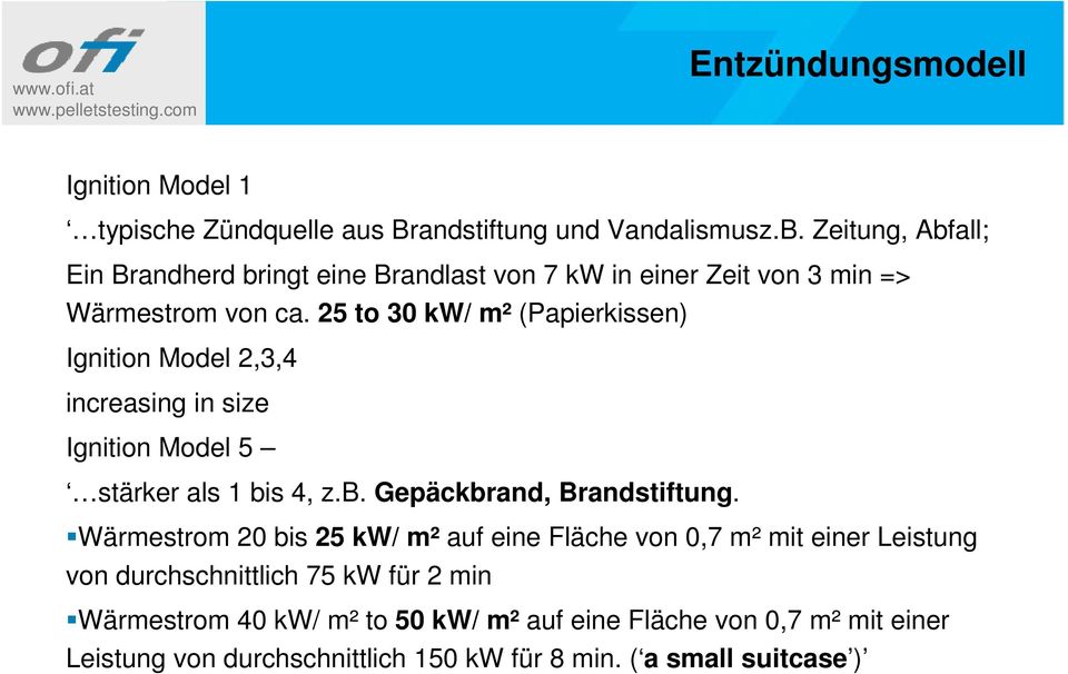 25 to 30 kw/ m² (Papierkissen) Ignition Model 2,3,4 increasing in size Ignition Model 5 stärker als 1 bis 4, z.b. Gepäckbrand, Brandstiftung.