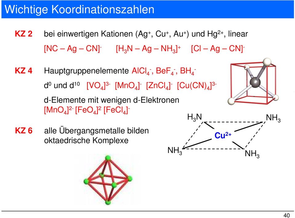 10 [VO 4 ] 3- [MnO 4 ] - [ZnCl 4 ] - [Cu(CN) 4 ] 3- KZ 6 d-elemente mit wenigen d-elektronen [MnO 4 ]