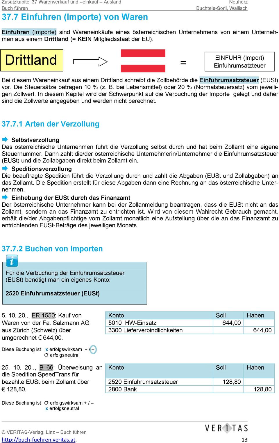 In diesem Kapitel wird der Schwerpunkt auf die Verbuchung der Importe gelegt und daher sind die Zollwerte angegeben und werden nicht berechnet. 37.