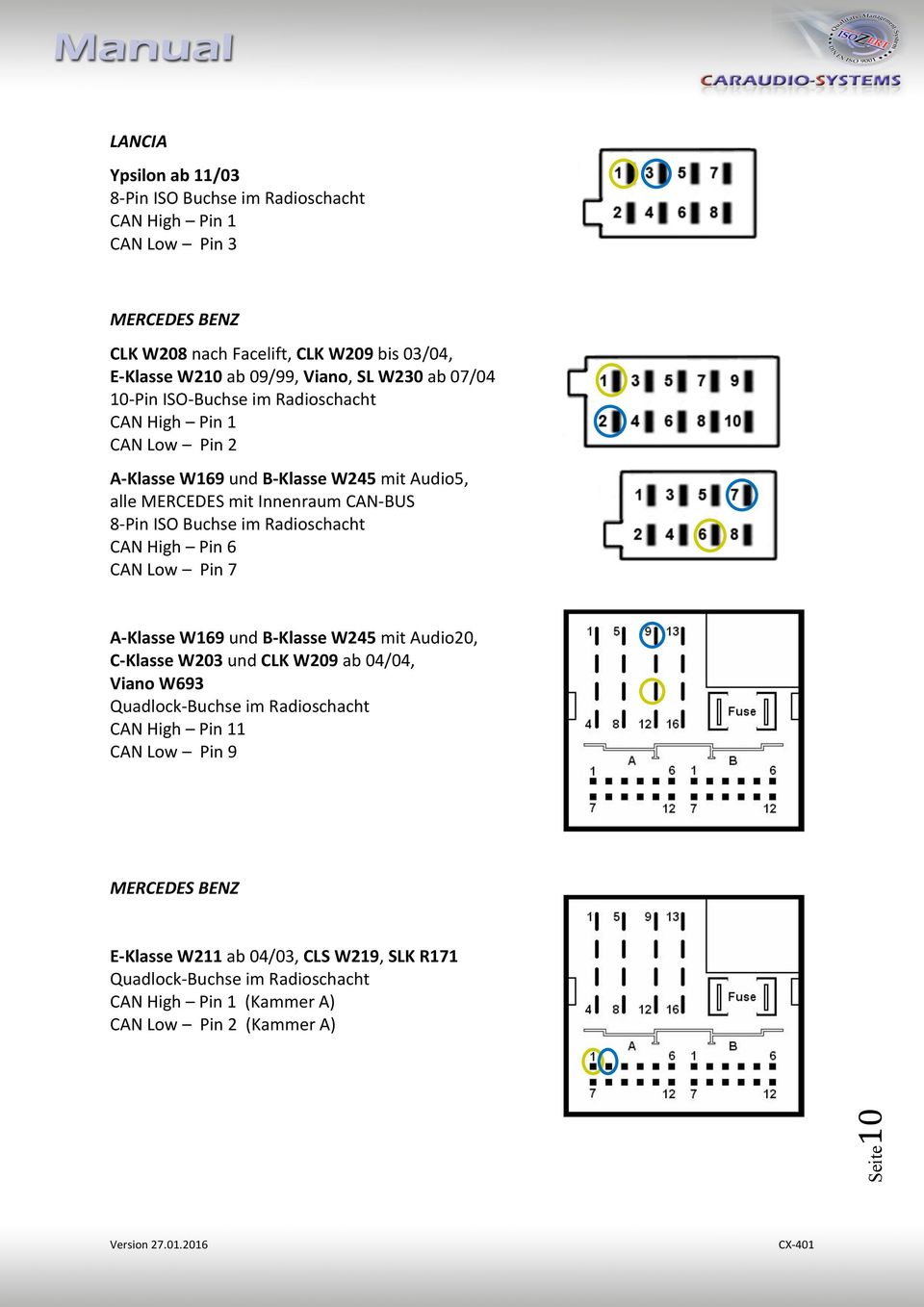 Innenraum CAN-BUS 8-Pin ISO Buchse im Radioschacht CAN High Pin 6 CAN Low Pin 7 A-Klasse W169 und B-Klasse W245 mit Audio20, C-Klasse W203 und CLK W209 ab