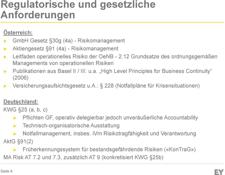 a.: 228 (Notfallpläne für Krisensituationen) Deutschland: KWG 25 (a, b, c) AktG 91(2) Pflichten GF, operativ delegierbar jedoch unveräußerliche Accountability Technisch-organisatorische