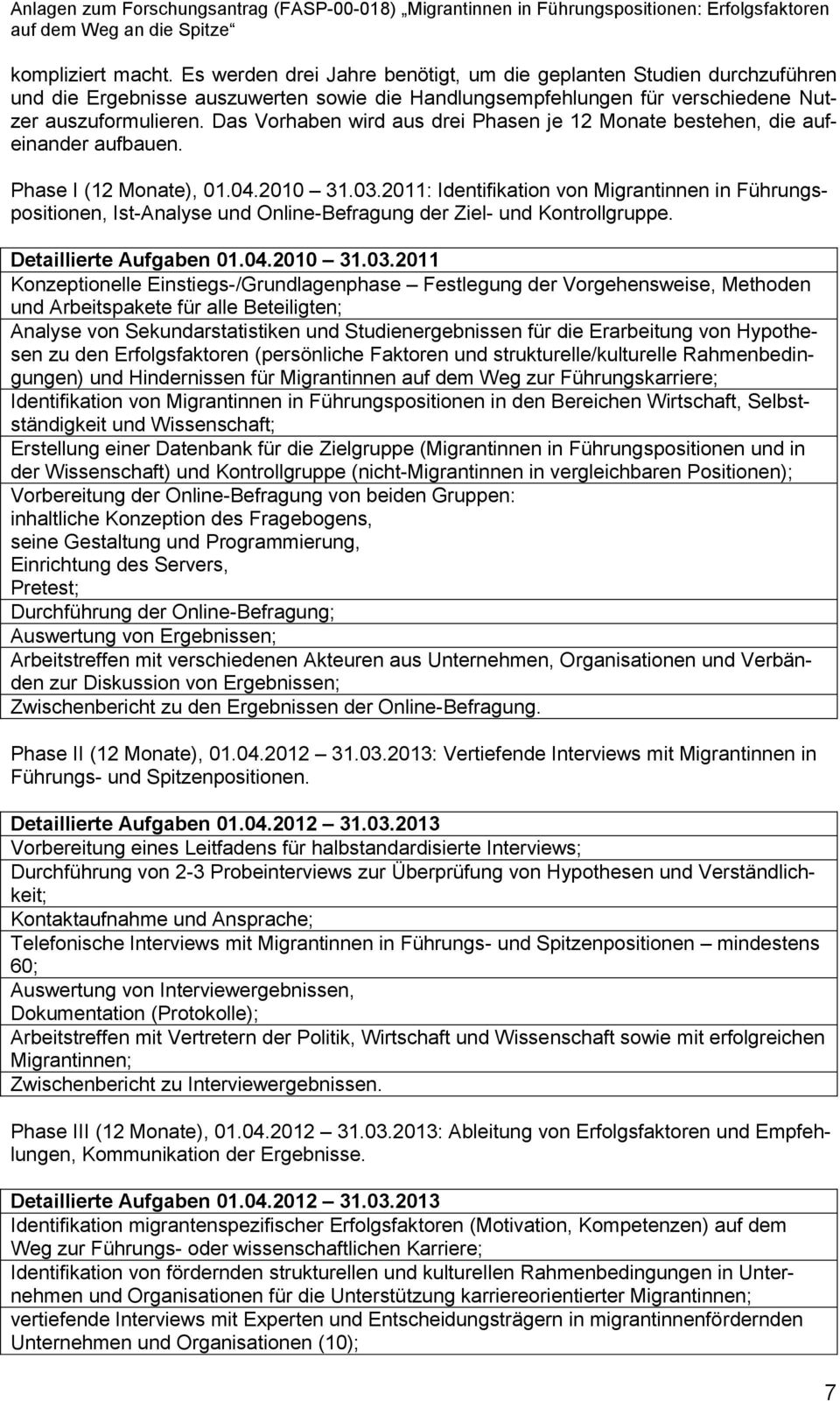 2011: Identifikation von Migrantinnen in Führungspositionen, Ist-Analyse und Online-Befragung der Ziel- und Kontrollgruppe. Detaillierte Aufgaben 01.04.2010 31.03.