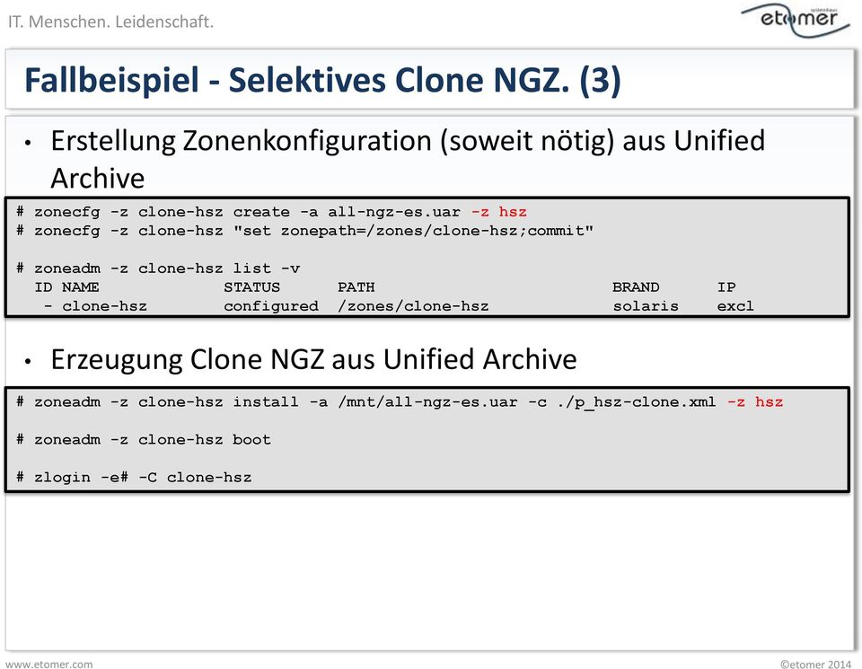 uar -z hsz # zonecfg -z clone-hsz "set zonepath=/zones/clone-hsz;commit" # zoneadm -z clone-hsz list -v ID NAME STATUS PATH