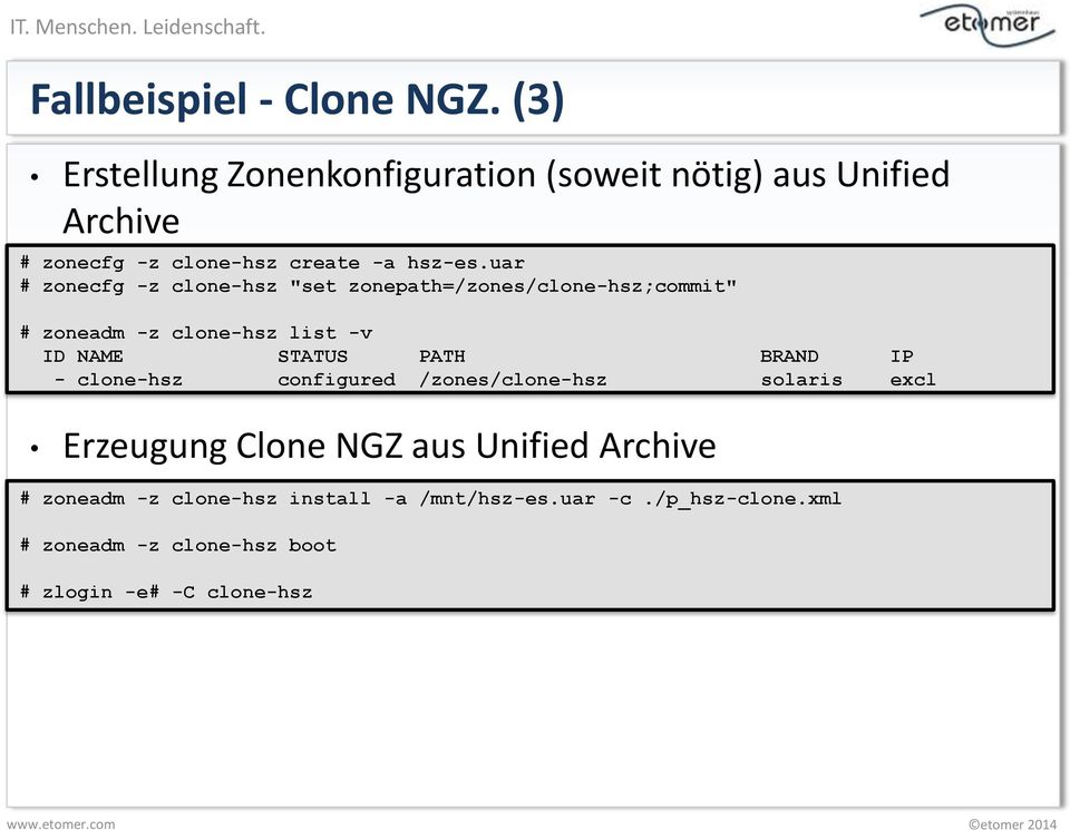 uar # zonecfg -z clone-hsz "set zonepath=/zones/clone-hsz;commit" # zoneadm -z clone-hsz list -v ID NAME STATUS PATH