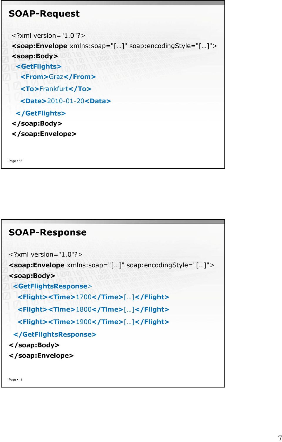 <Date>2010-01-20<Data> </GetFlights> </soap:body> </soap:envelope> Page 13 SOAP-Response <?xml version="1.0"?