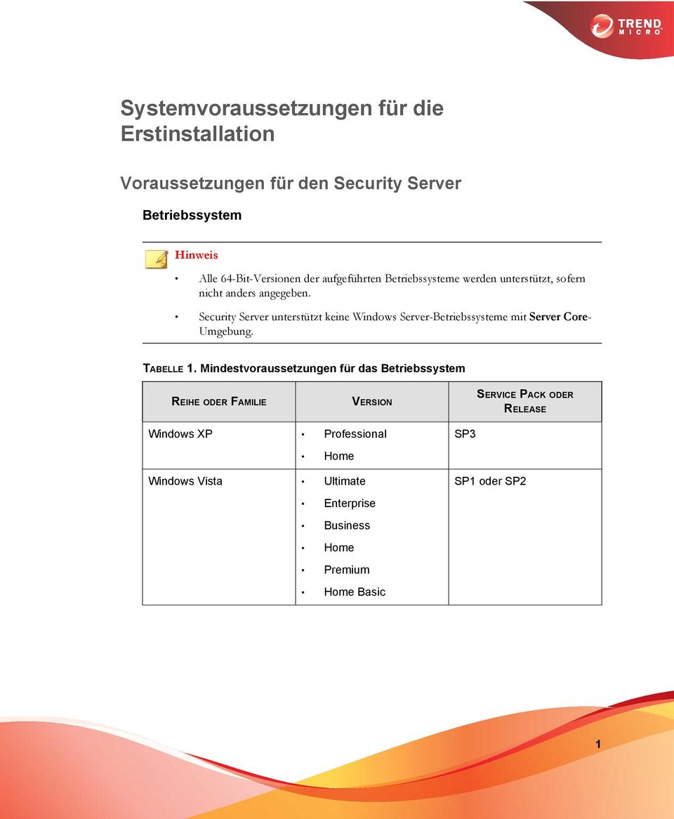 Security Server unterstützt keine Windows Server-Betriebssysteme mit Server Core- Umgebung. TABELLE 1.