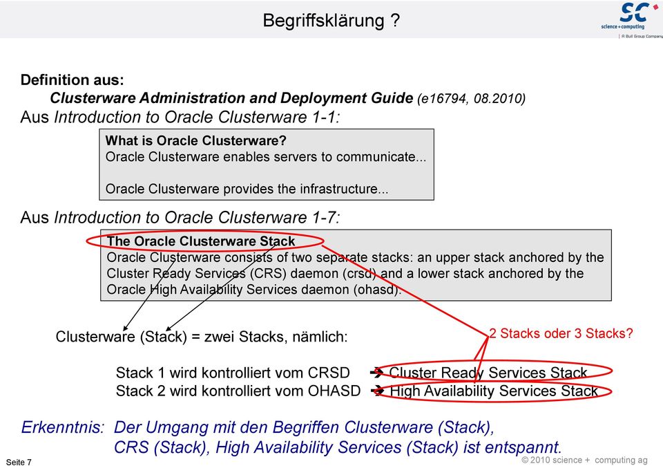 .. Aus Introduction to Oracle Clusterware 1-7: The Oracle Clusterware Stack Oracle Clusterware consists of two separate stacks: an upper stack anchored by the Cluster Ready Services (CRS) daemon