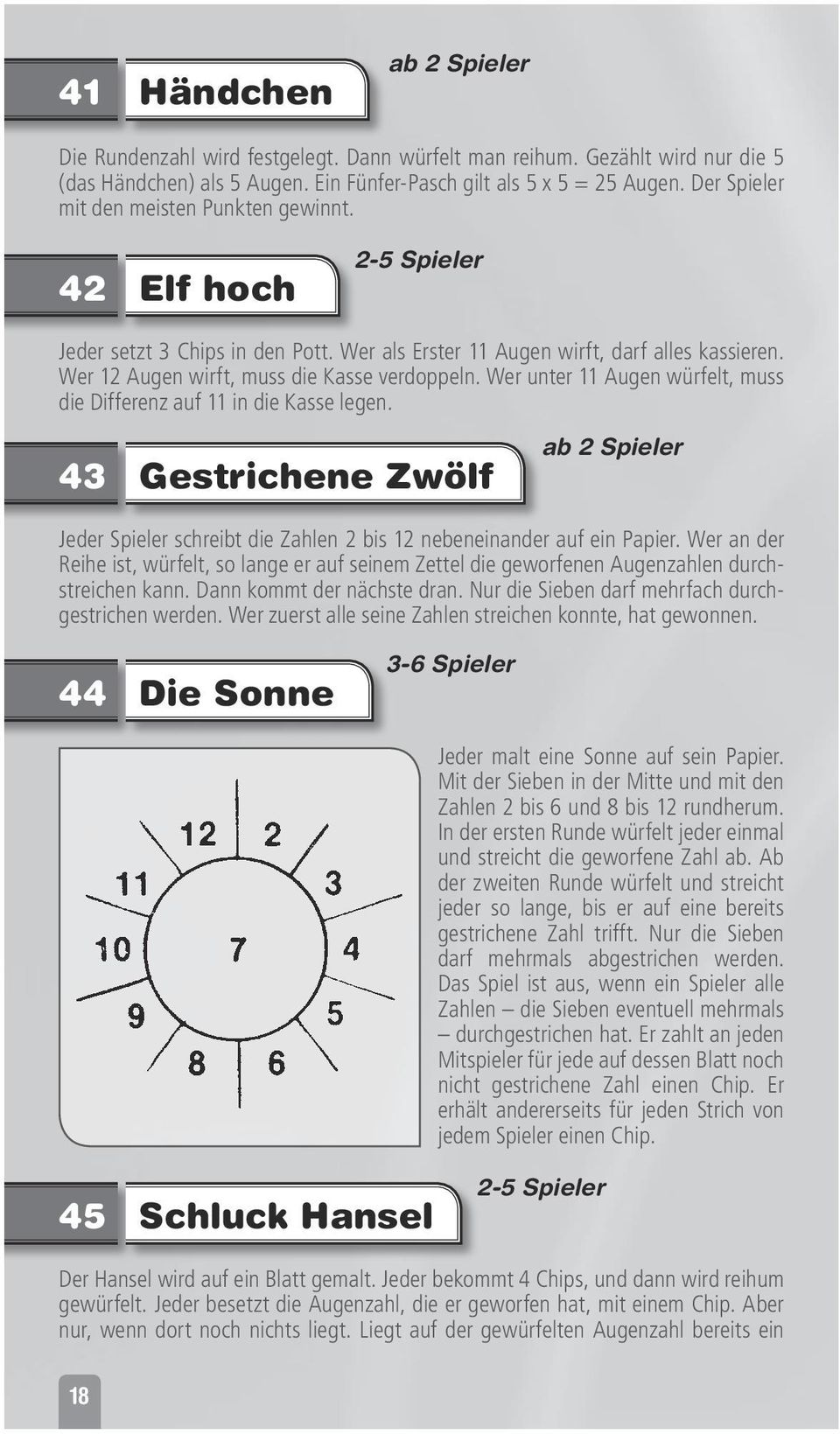 Wer 12 Augen wirft, muss die Kasse verdoppeln. Wer unter 11 Augen würfelt, muss die Differenz auf 11 in die Kasse legen.