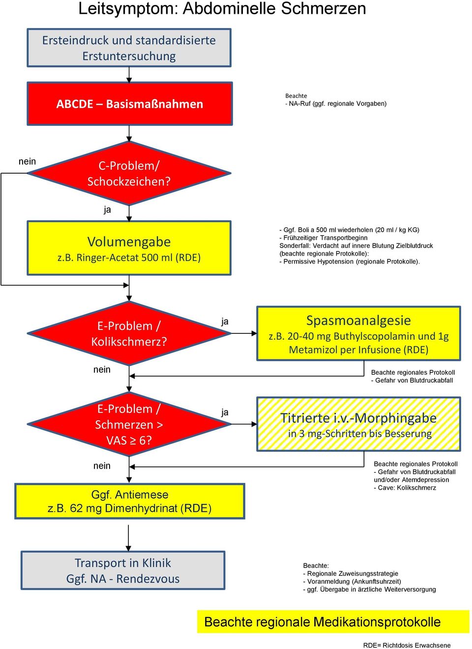Protokolle). E-Problem / Kolikschmerz? Spasmoanalgesie z.b. 20-40 mg Buthylscopolamin und 1g Metamizol per Infusione (RDE) regionales Protokoll - Gefahr von Blutdruckabfall E-Problem / Schmerzen > VAS 6?