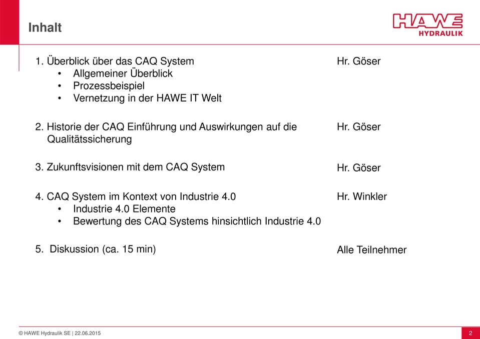 Zukunftsvisionen mit dem CAQ System Hr. Göser 4. CAQ System im Kontext von Industrie 4.0 Industrie 4.