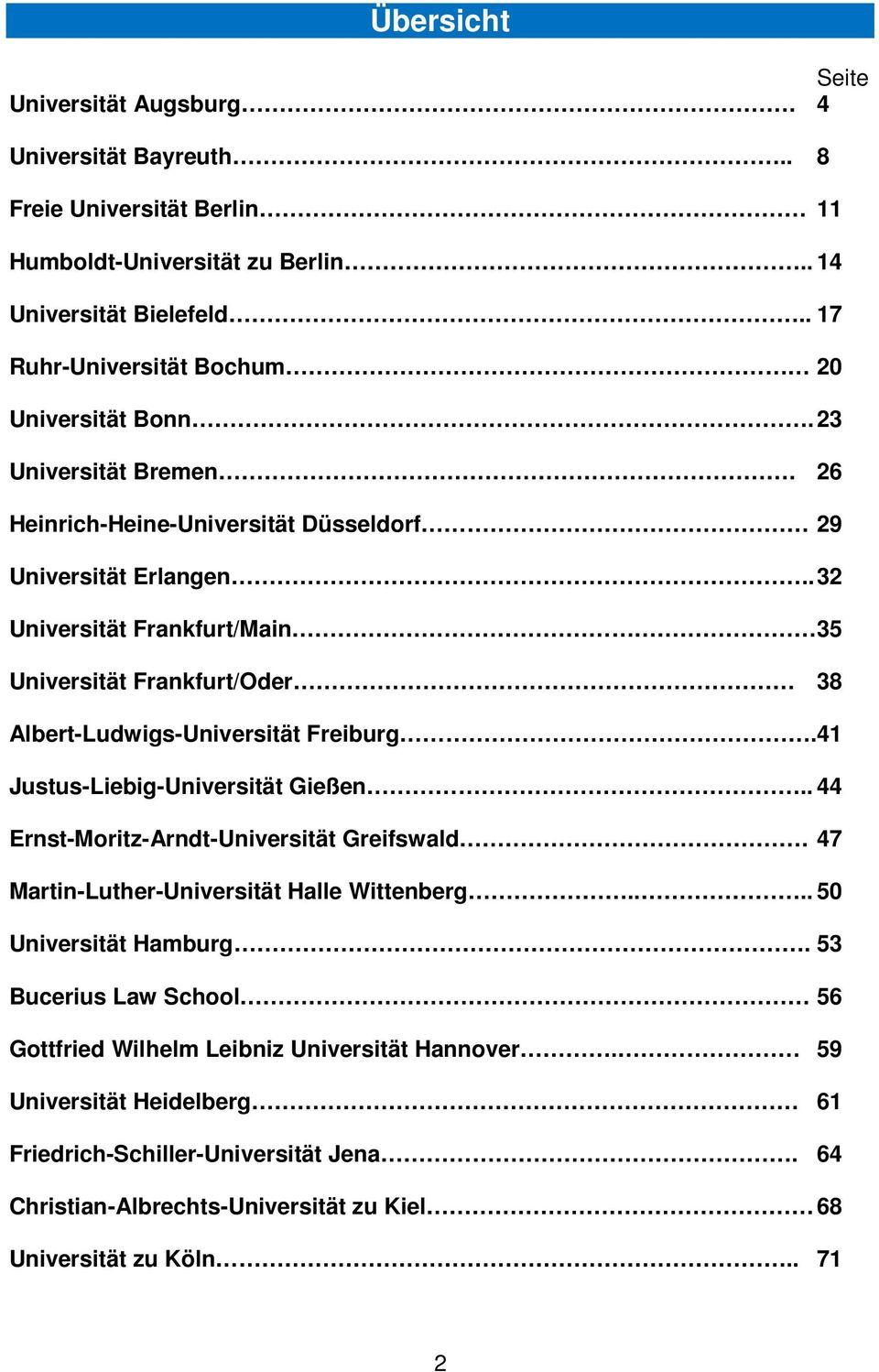 . 32 Universität Frankfurt/Main 35 Universität Frankfurt/Oder 38 Albert-Ludwigs-Universität Freiburg.41 Justus-Liebig-Universität Gießen.. 44 Ernst-Moritz-Arndt-Universität Greifswald.