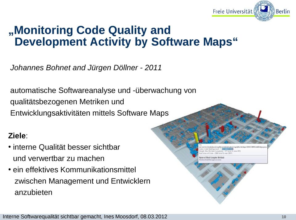 Entwicklungsaktivitäten mittels Software Maps Ziele: interne Qualität besser sichtbar und