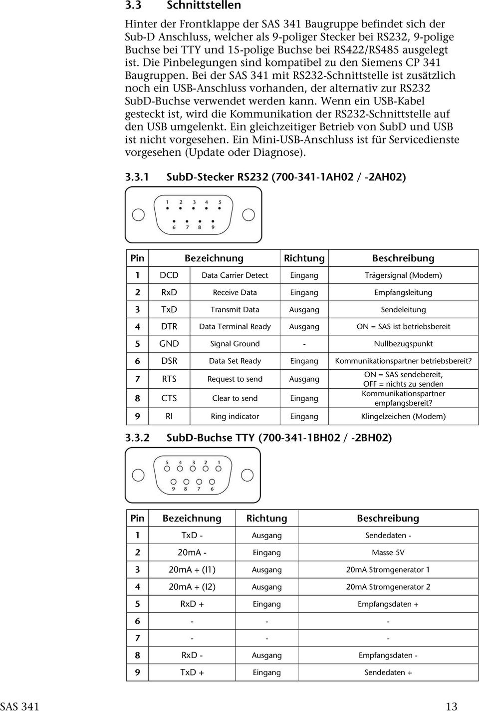 Bei der SAS 341 mit RS232-Schnittstelle ist zusätzlich noch ein USB-Anschluss vorhanden, der alternativ zur RS232 SubD-Buchse verwendet werden kann.