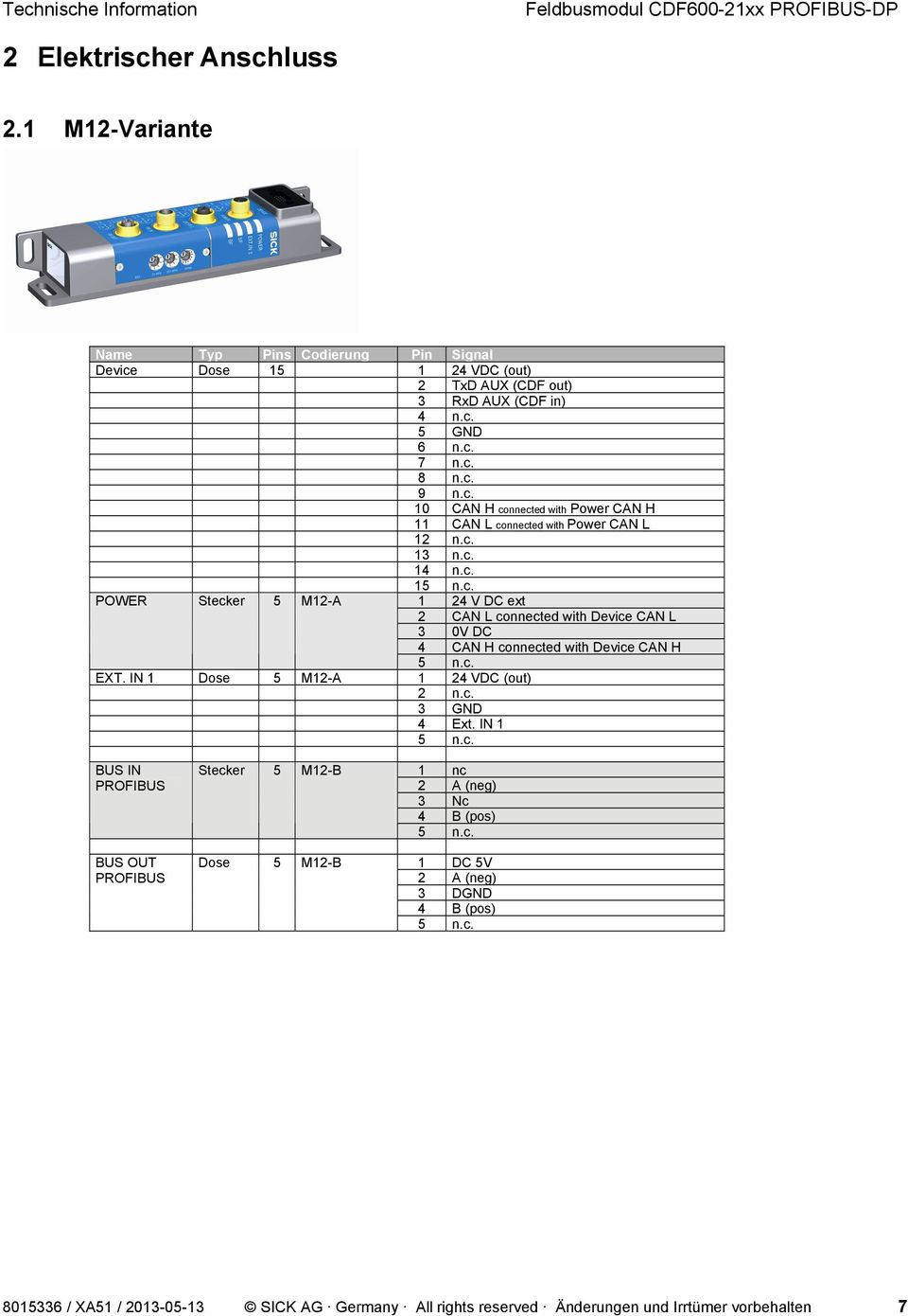 c. EXT. IN 1 Dose 5 M12-A 1 24 VDC (out) 2 n.c. 3 GND 4 Ext. IN 1 5 n.c. 4 CAN H connected with Device CAN H BUS IN PROFIBUS BUS OUT PROFIBUS Stecker 5 M12-B Dose 5 M12-B 1 nc 2 A (neg) 3 Nc 4 B (pos) 5 n.