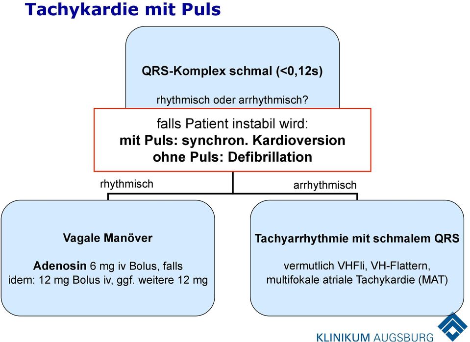 Kardioversion ohne Puls: Defibrillation rhythmisch arrhythmisch Vagale Manöver Adenosin 6 mg