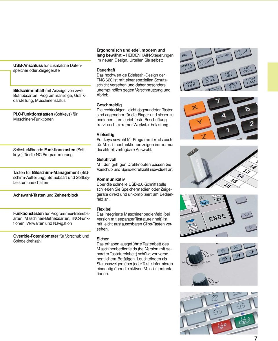 Achswahl-Tasten und Zehnerblock Funktionstasten für Programmier-Betriebsarten, Maschinen-Betriebsarten, TNC-Funktionen, Verwalten und Navigation Override-Potentiometer für Vorschub und