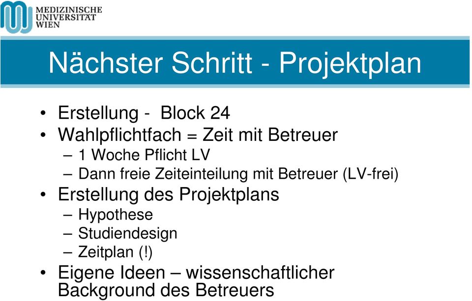 Betreuer (LV-frei) Erstellung des Projektplans Hypothese