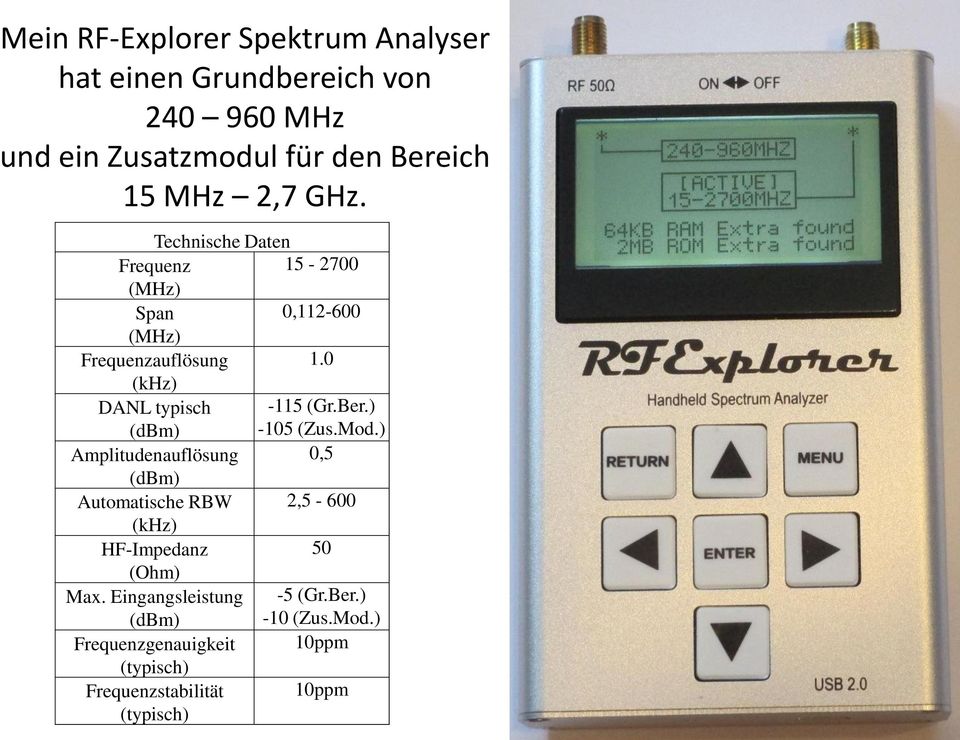 Technische Daten Frequenz 15-2700 (MHz) Span 0,112-600 (MHz) Frequenzauflösung 1.0 (khz) DANL typisch -115 (Gr.Ber.) (dbm) -105 (Zus.Mod.