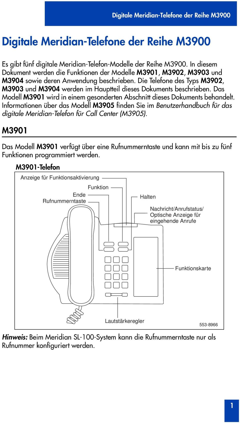 Die Telefone des Typs M3902, M3903 und M3904 werden im Hauptteil dieses Dokuments beschrieben. Das Modell M3901 wird in einem gesonderten Abschnitt dieses Dokuments behandelt.