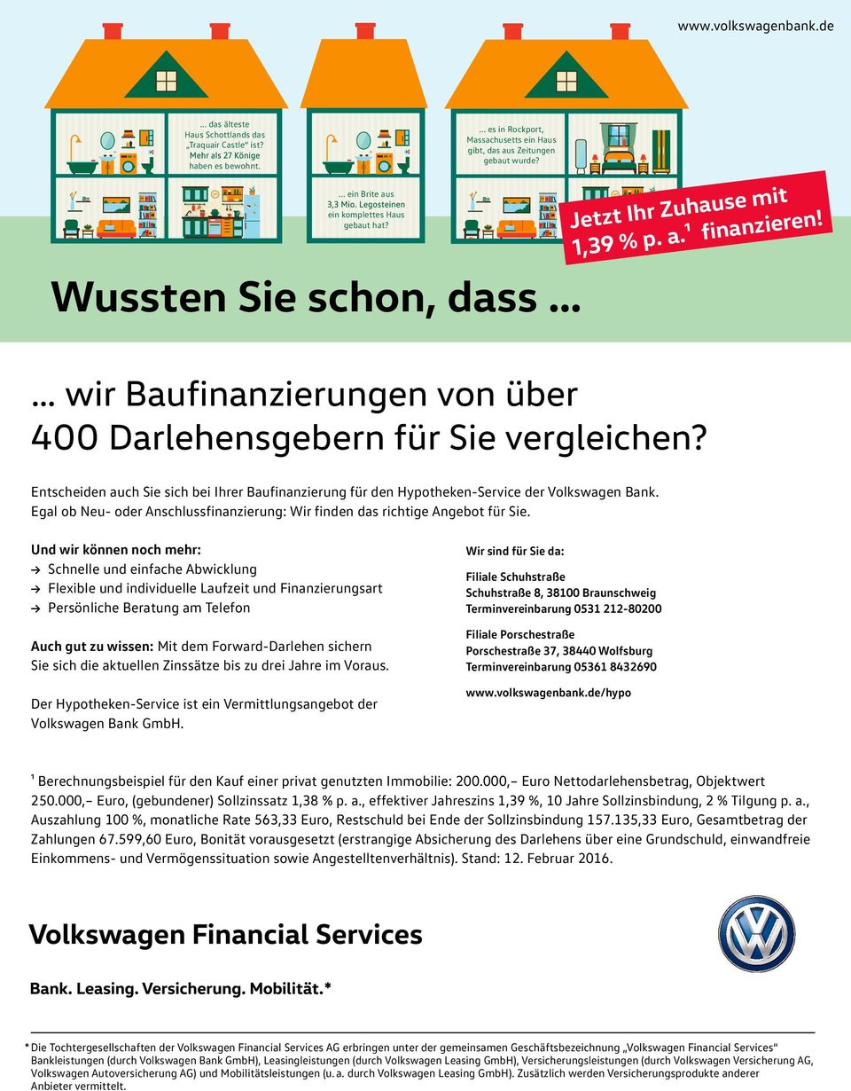 Wussten Sie schon, dass wir Baufinanzierungen von über 400 Darlehensgebern für Sie vergleichen? Entscheiden auch Sie sich bei Ihrer Baufinanzierung für den Hypotheken-Service der Volkswagen Bank.