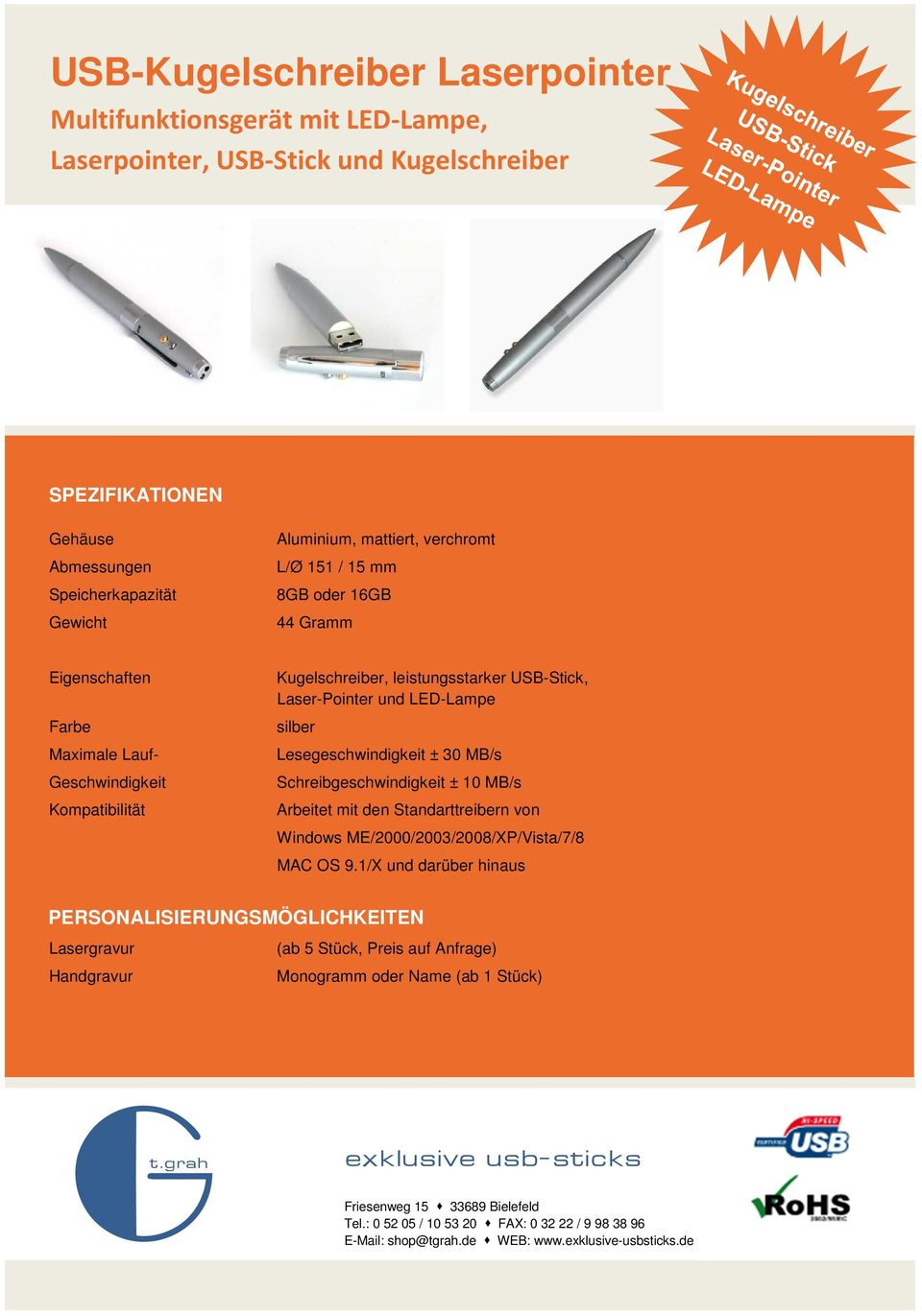 Kugelschreiber, leistungsstarker USB-Stick, Laser-Pointer und LED-Lampe silber Windows