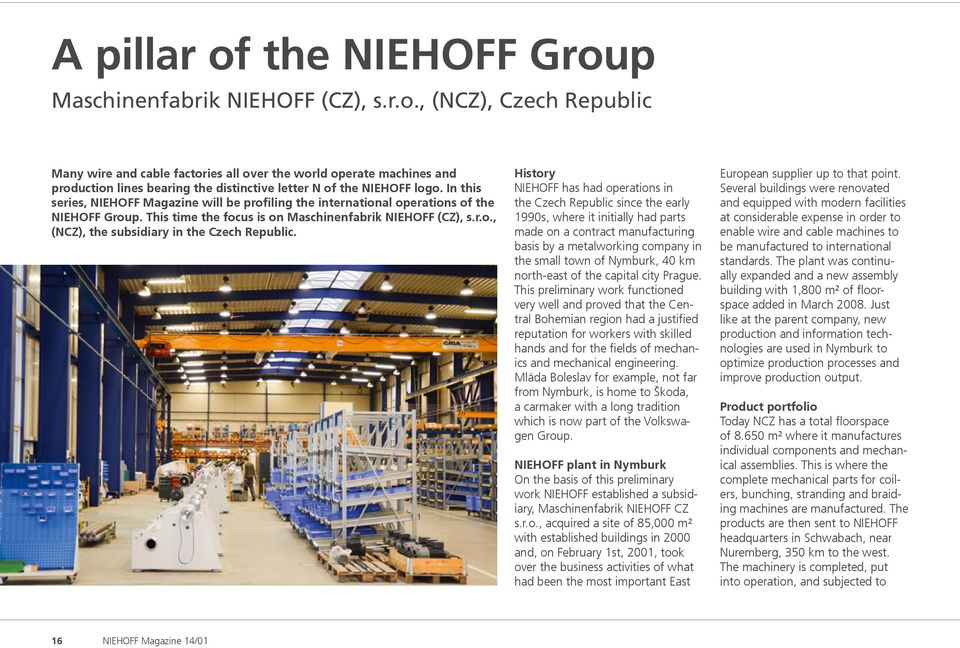 History NIEHOFF has had operations in the Czech Republic since the early 1990s, where it initially had parts made on a contract manufacturing basis by a metalworking company in the small town of