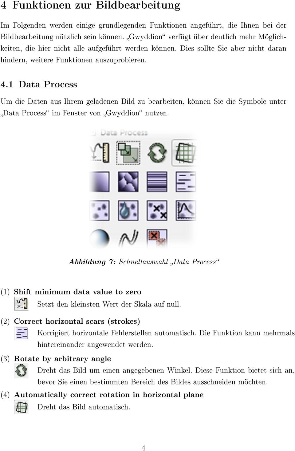 1 Data Process Um die Daten aus Ihrem geladenen Bild zu bearbeiten, können Sie die Symbole unter Data Process im Fenster von Gwyddion nutzen.
