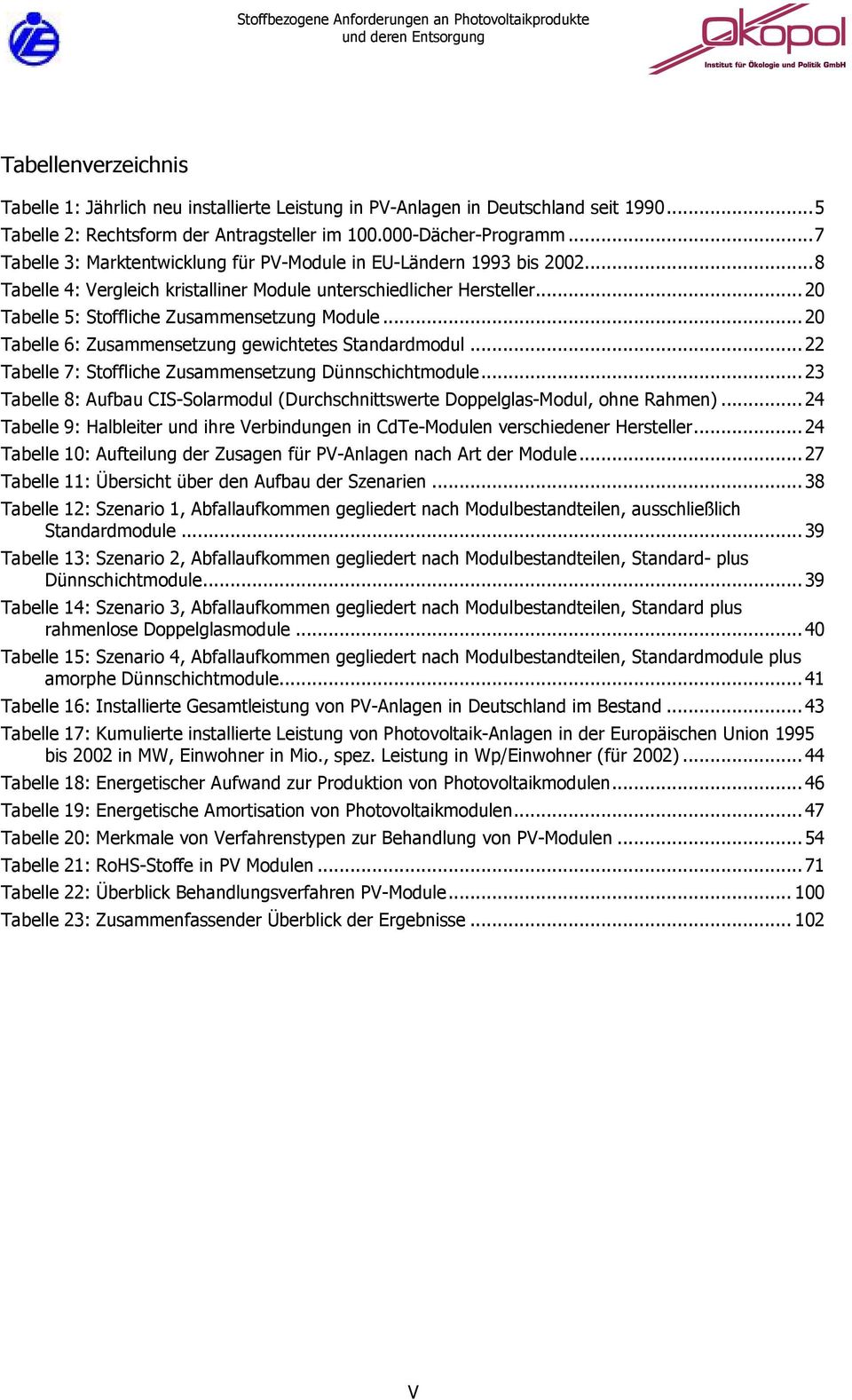 .. 20 Tabelle 6: Zusammensetzung gewichtetes Standardmodul... 22 Tabelle 7: Stoffliche Zusammensetzung Dünnschichtmodule.