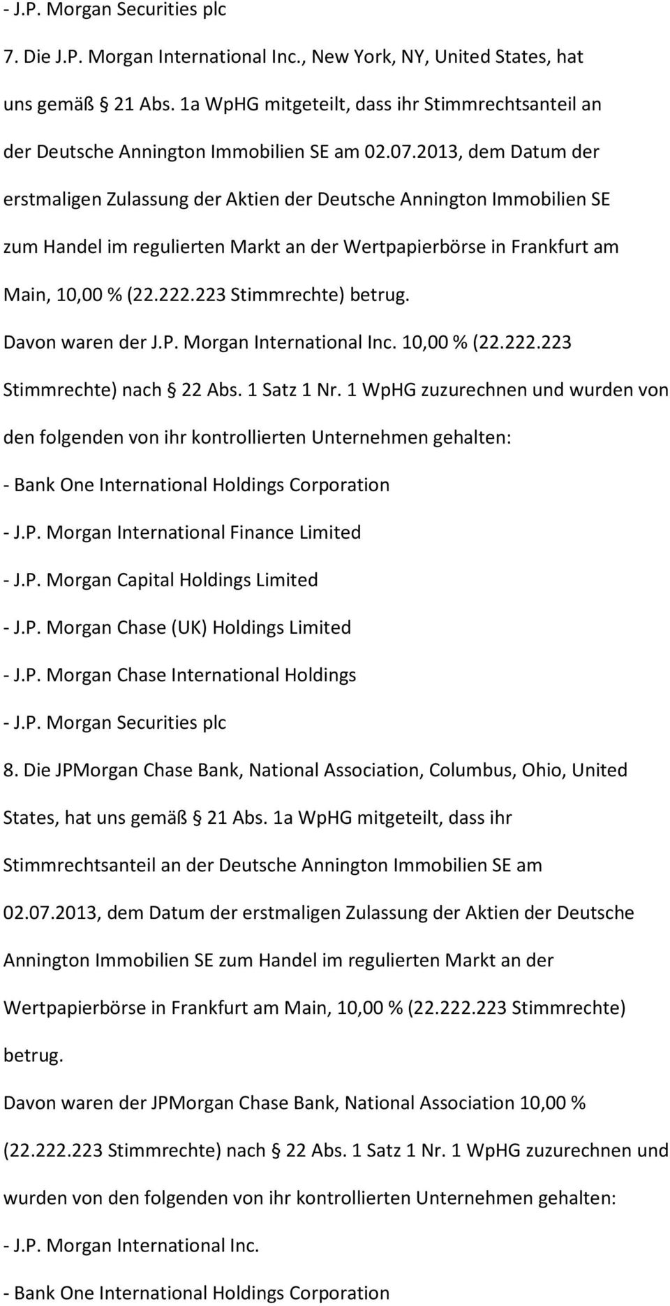 1 WpHG zuzurechnen und wurden von den folgenden von ihr kontrollierten Unternehmen gehalten: - Bank One International Holdings Corporation - J.P. Morgan International Finance Limited 8.