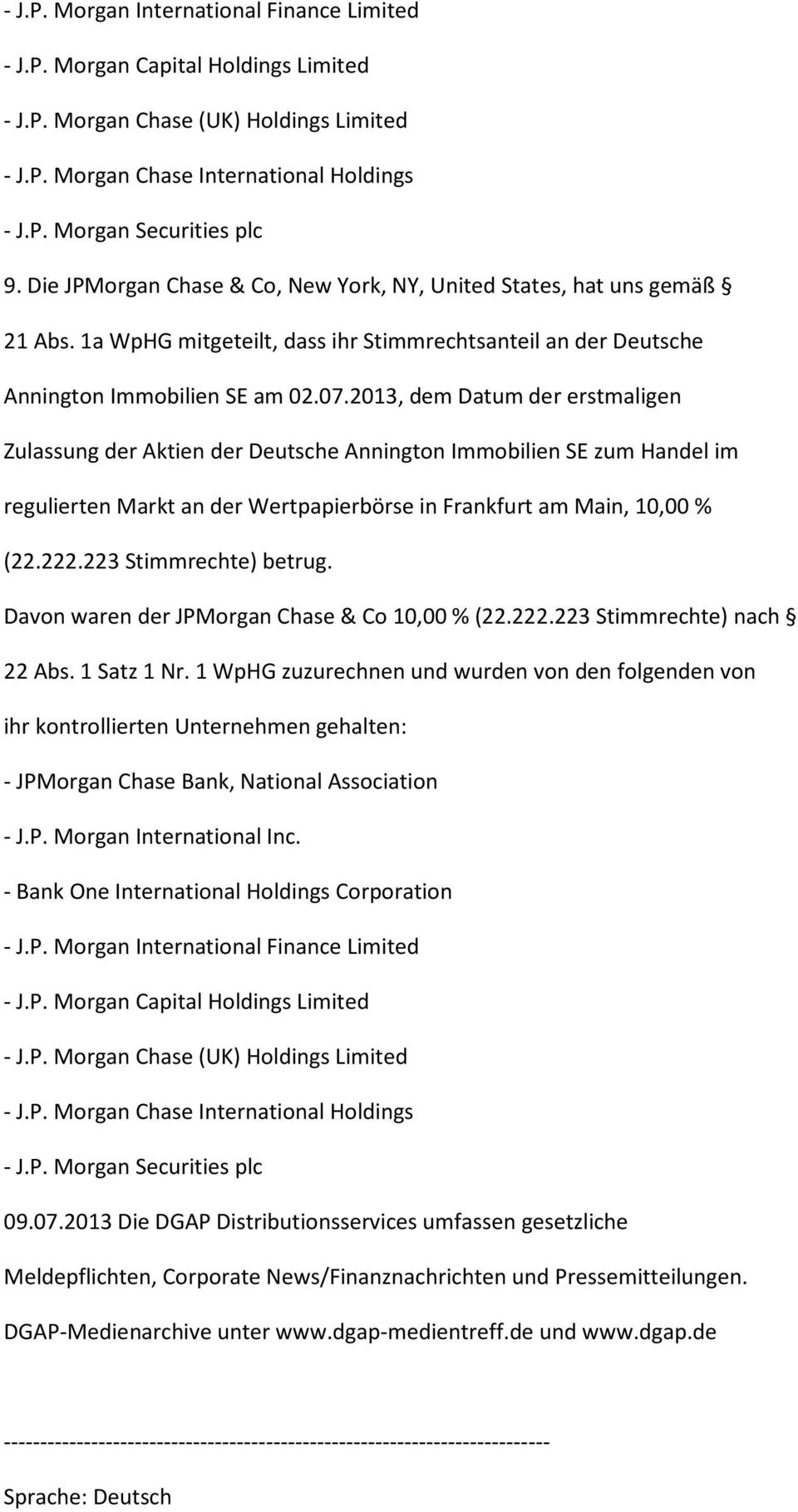 2013, dem Datum der erstmaligen Zulassung der Aktien der Deutsche Annington Immobilien SE zum Handel im regulierten Markt an der Wertpapierbörse in Frankfurt am Main, 10,00 % (22.222.
