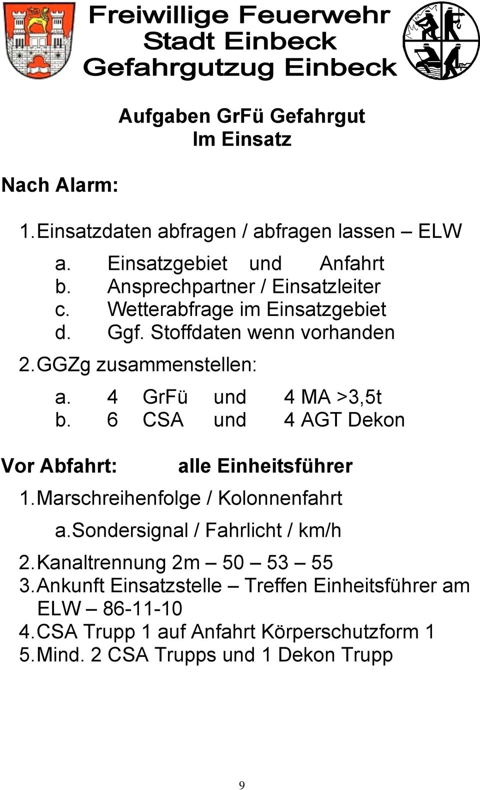 4 GrFü und 4 MA >3,5t b. 6 CSA und 4 AGT Dekon Vor Abfahrt: alle Einheitsführer 1. Marschreihenfolge / Kolonnenfahrt a.