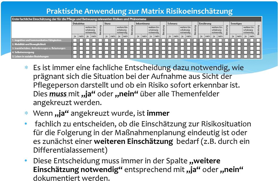 Wenn ja angekreuzt wurde, ist immer fachlich zu entscheiden, ob die Einschätzung zur Risikosituation für die Folgerung in der Maßnahmenplanung eindeutig ist oder es