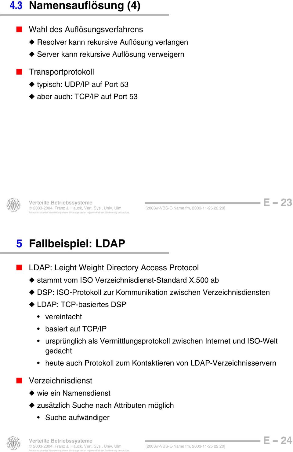 20] 23 5 Fallbeispiel: LDAP LDAP: Leight Weight Directory Access Protocol stammt vom ISO Verzeichnisdienst-Standard X.