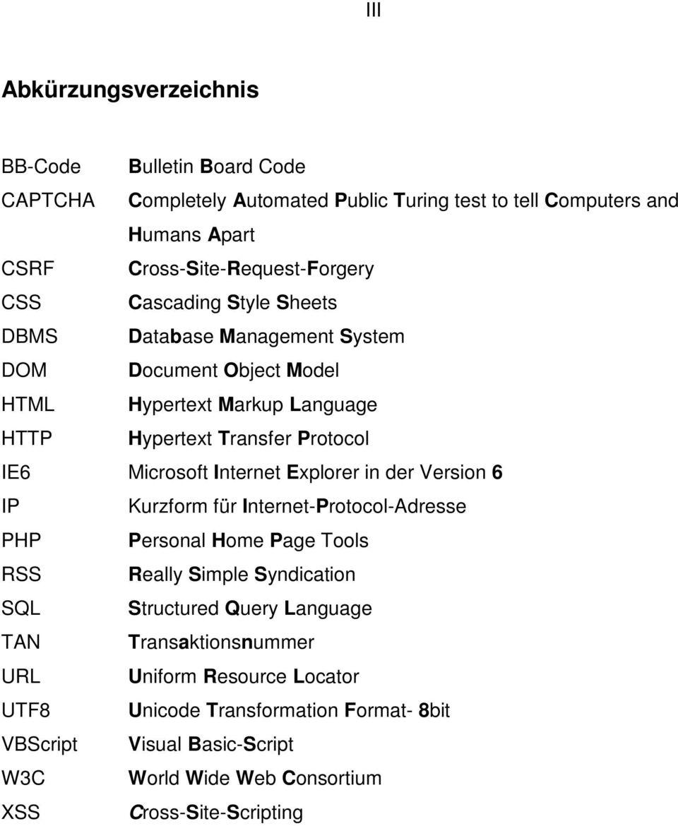 Internet Explorer in der Version 6 IP Kurzform für Internet-Protocol-Adresse PHP Personal Home Page Tools RSS Really Simple Syndication SQL Structured Query Language