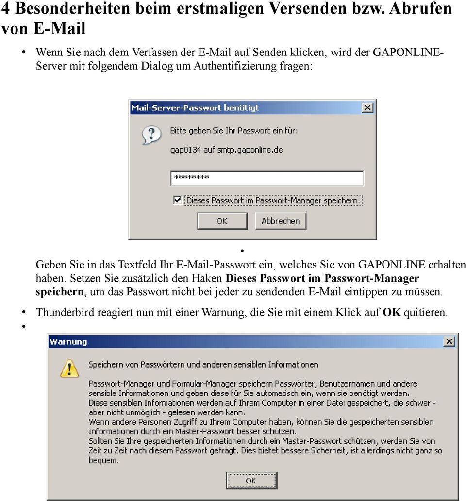 Authentifizierung fragen: Geben Sie in das Textfeld Ihr E-Mail-Passwort ein, welches Sie von GAPONLINE erhalten haben.