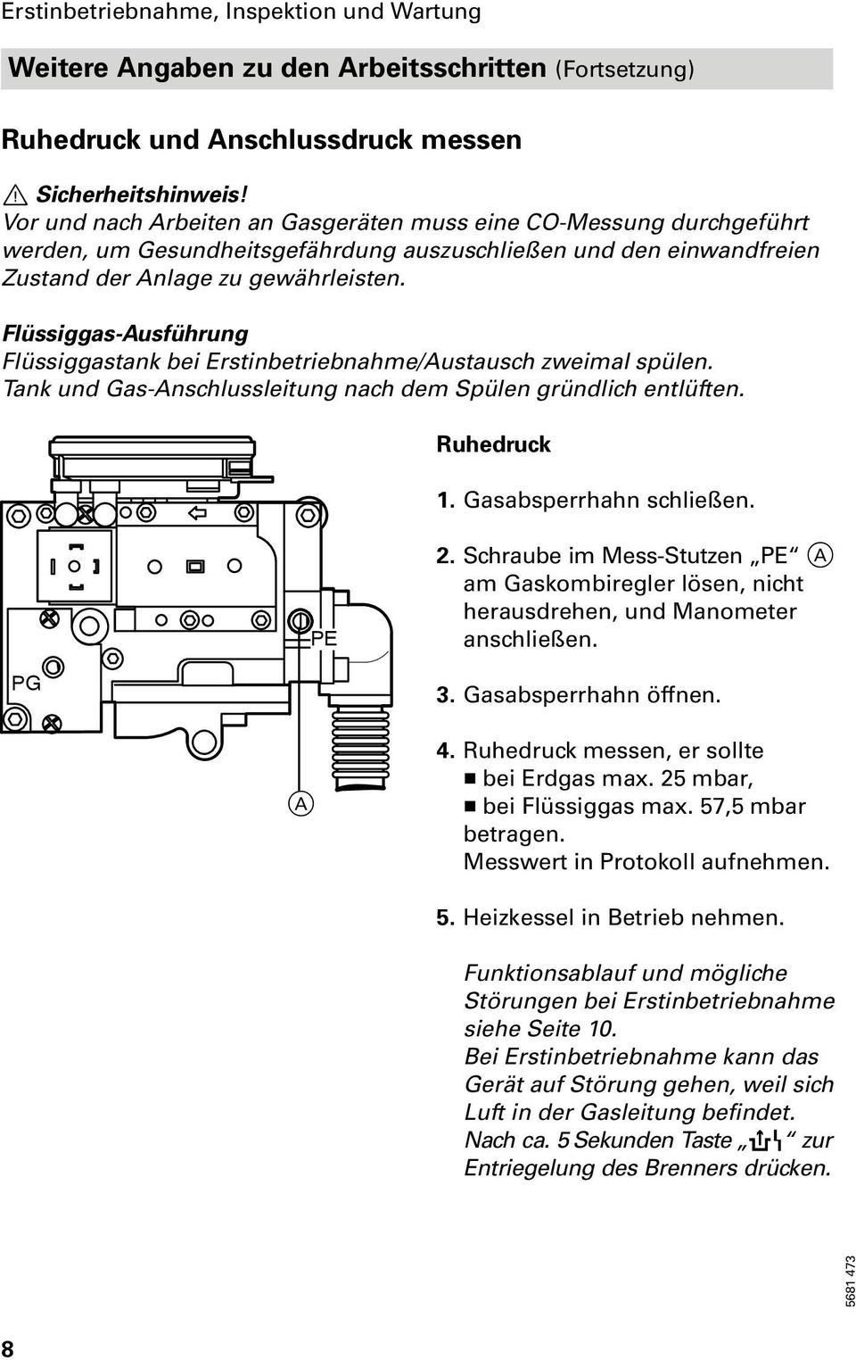 Flüssiggas Ausführung Flüssiggastank bei Erstinbetriebnahme/Austausch zweimal spülen. Tank und Gas Anschlussleitung nach dem Spülen gründlich entlüften. Ruhedruck 1. Gasabsperrhahn schließen. PE 2.