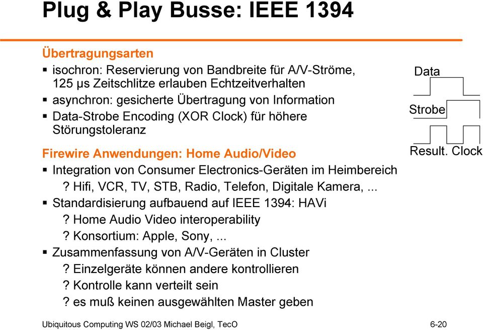 Hifi, VCR, TV, STB, Radio, Telefon, Digitale Kamera,... Standardisierung aufbauend auf IEEE 1394: HAVi? Home Audio Video interoperability? Konsortium: Apple, Sony,.