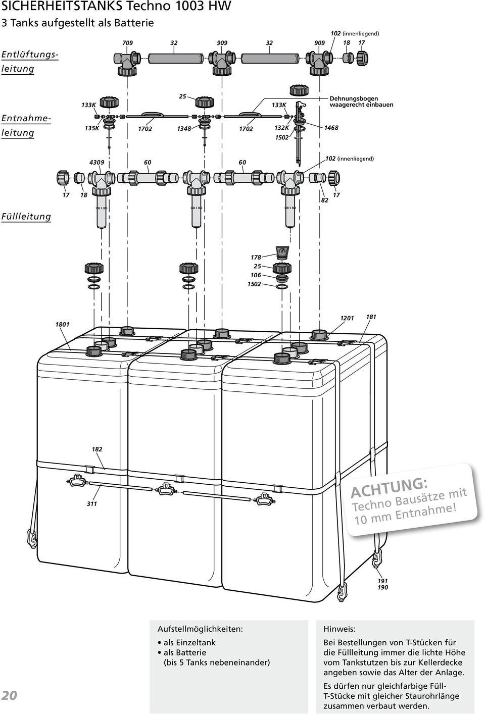 191 190 20 Aufstellmöglichkeiten: als Einzeltank als Batterie (bis 5 Tanks nebeneinander) Hinweis: Bei Bestellungen von T-Stücken für die Füllleitung immer die